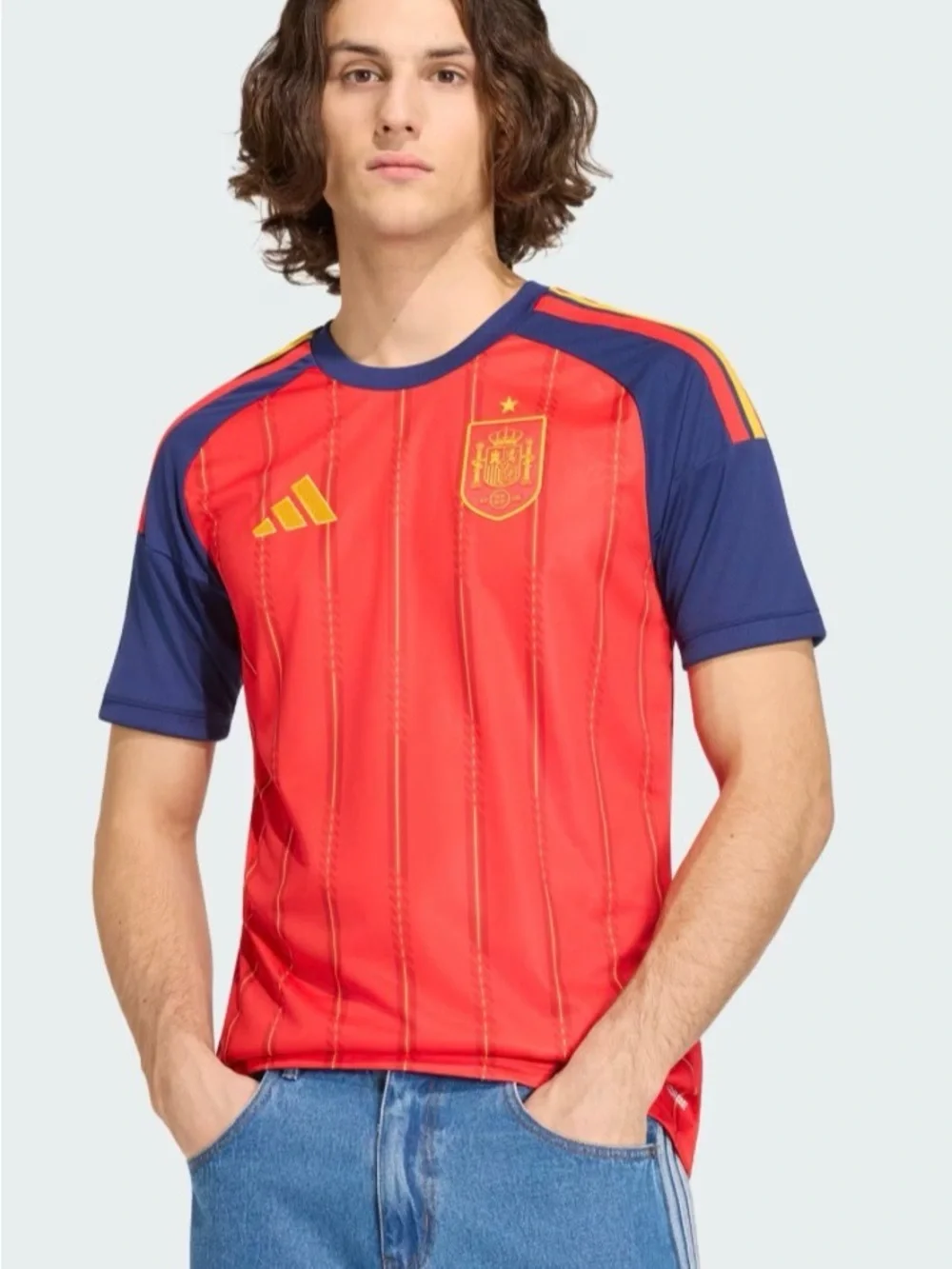 adidas Red and Navy Spain Soccer Jersey with Gold Accents